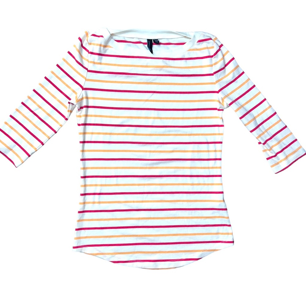 Cynthia Rowley Boat Neck Knit Shirt Medium 3/4 sleeve Cream Coral Striped Top